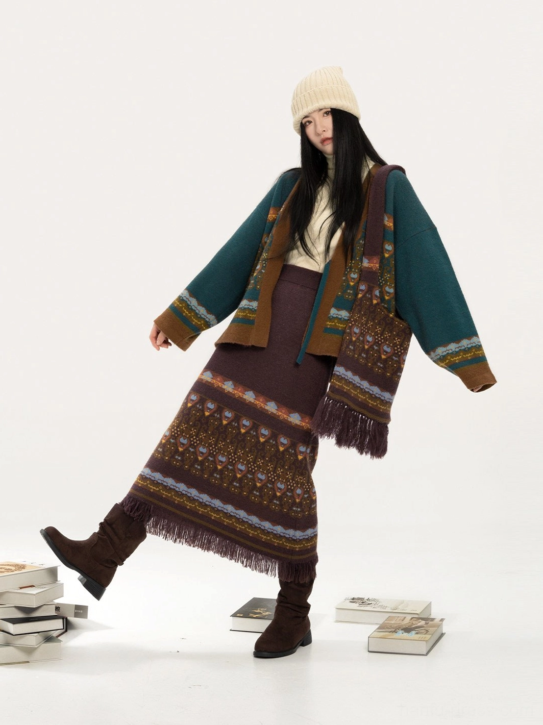 Modern Hanfu knit cardigan midi skirt and matching tassel scarf styled as a coordinated vintage jacquard outfit