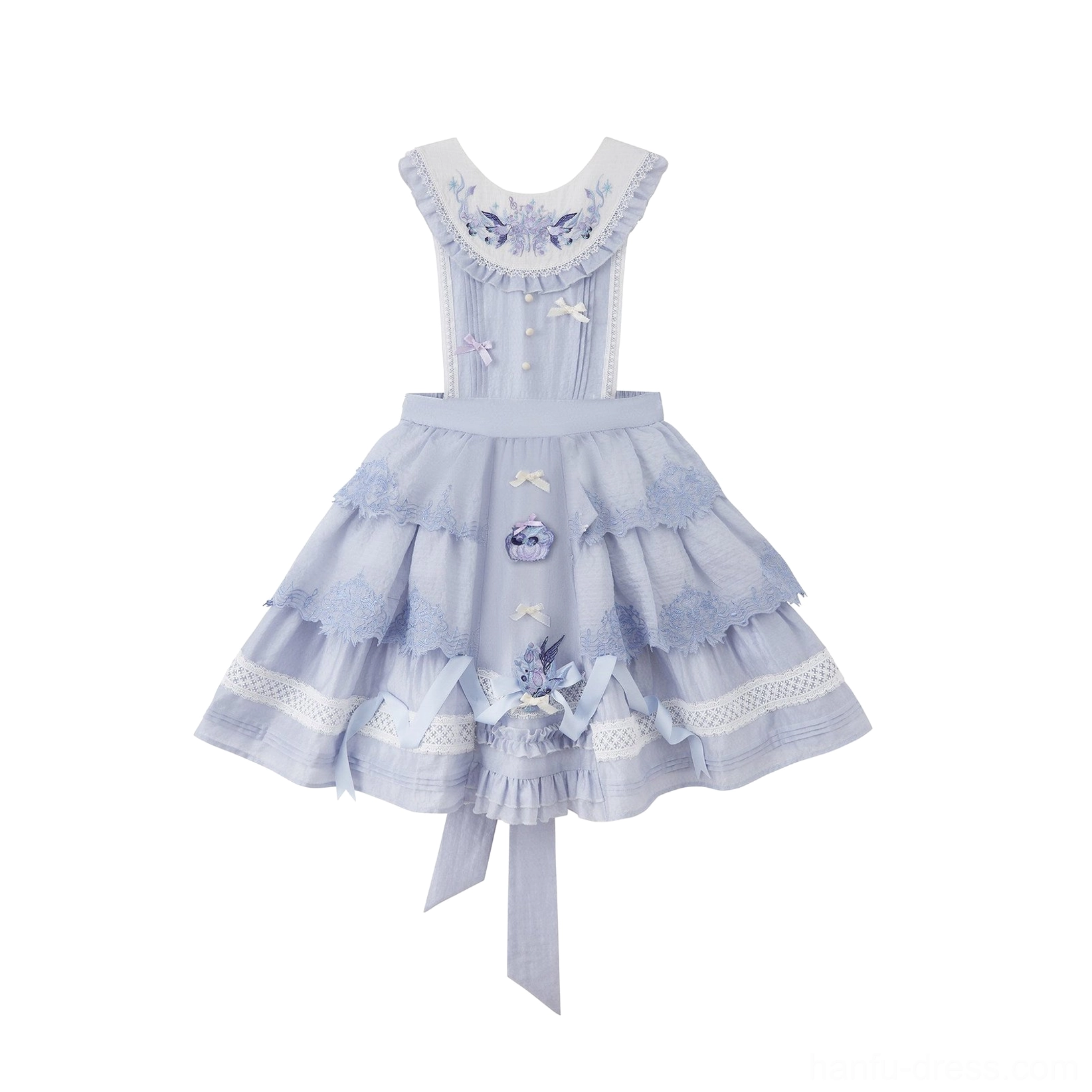 Flat lay view of the lavender purple modern Hanfu inspired overall dress with floral embroidered bodice tiered ruffle skirt lace trim bows and long waist sash