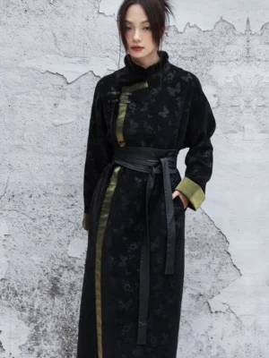 Full-length modern Hanfu dress with traditional Chinese frog buttons, adjustable black waist belt, relaxed silhouette, and olive green contrast details