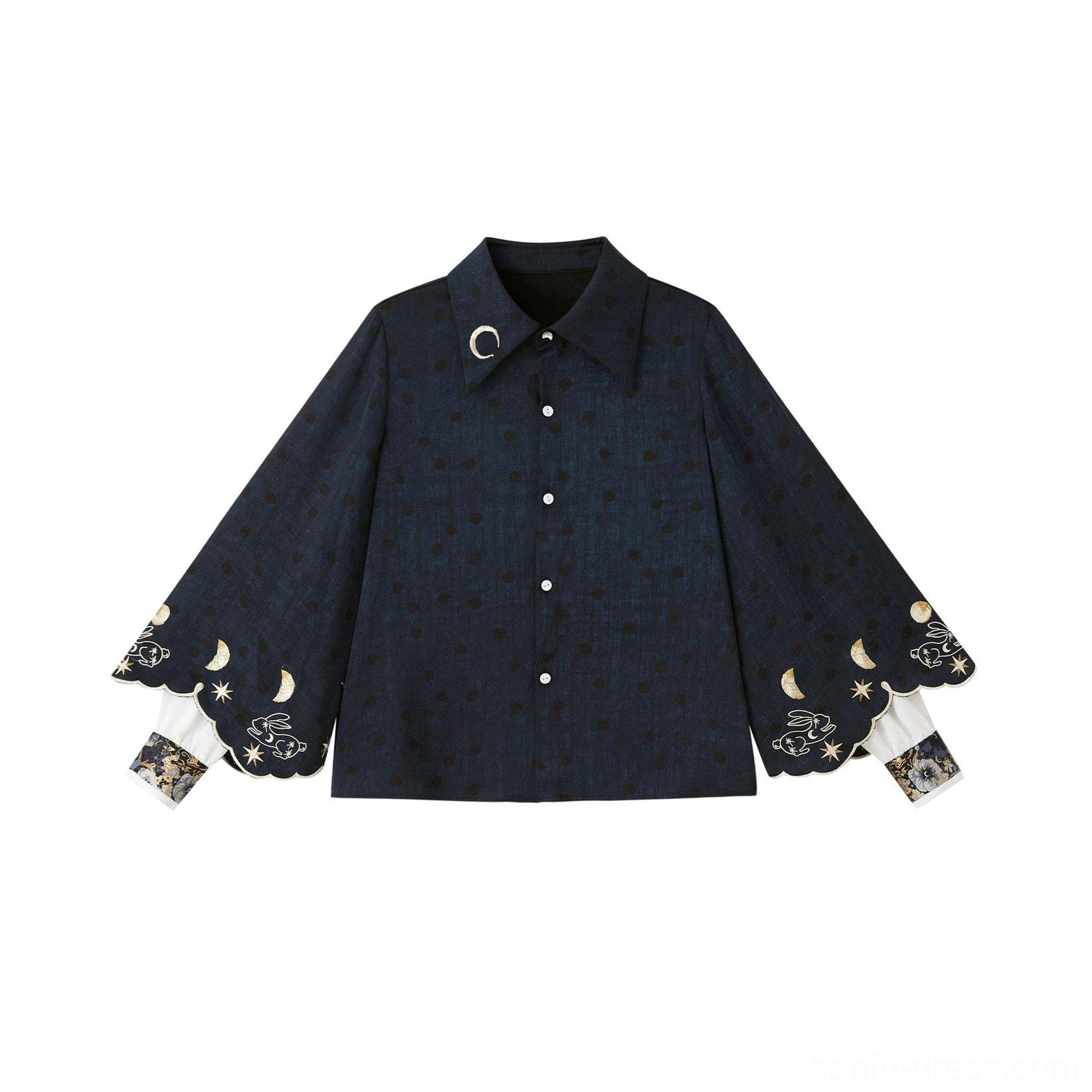 Flat lay front view of a modern Hanfu long-sleeve blouse with front button closure, pointed collar, metal ornament, and cloud moon cuff embroidery