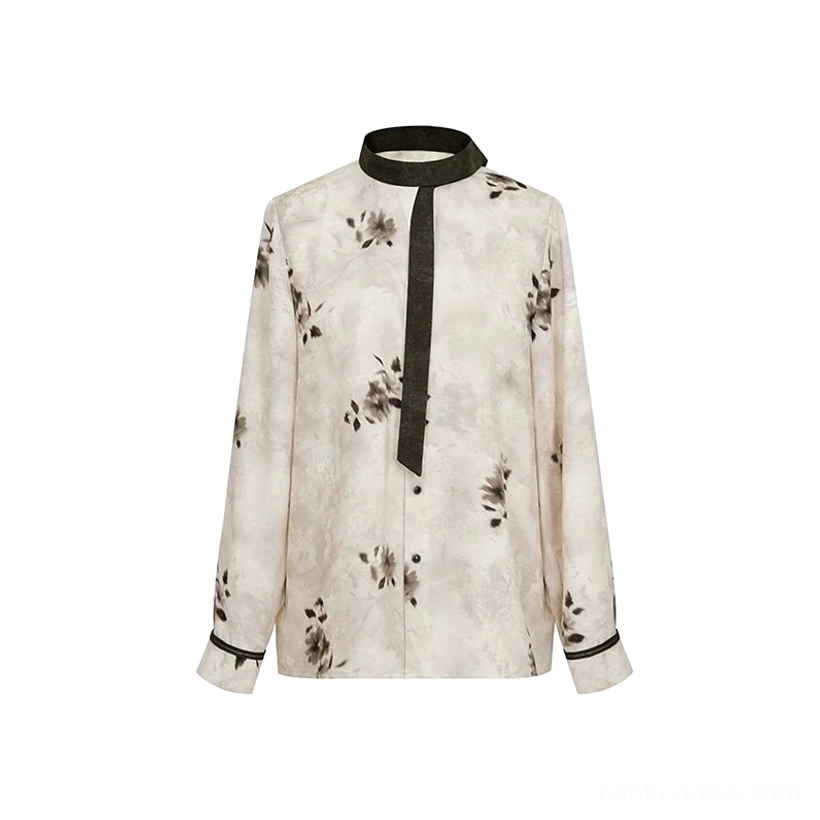 Separated modern Hanfu long sleeve top displayed flat with all-over ink plum print, dark collar, and detachable necktie
