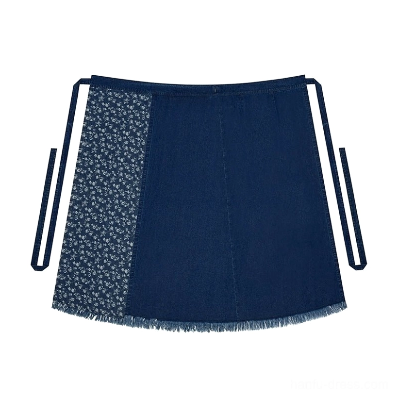 Navy denim-style spiral wrap skirt with floral side panel tie straps and frayed hem for modern Hanfu outfit