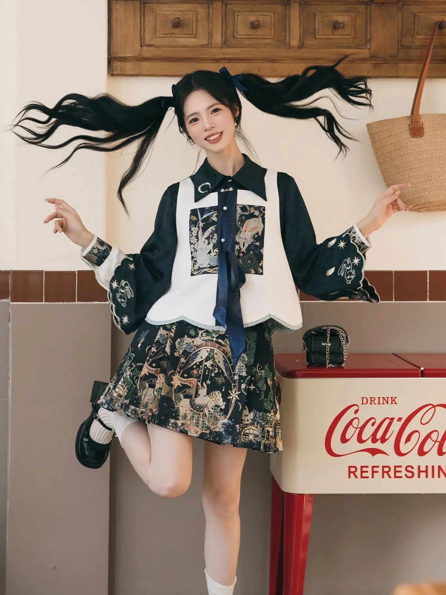 Dynamic full-body view of a playful modern Hanfu outfit in dark navy and ivory with traditional Chinese patterns and retro academic styling