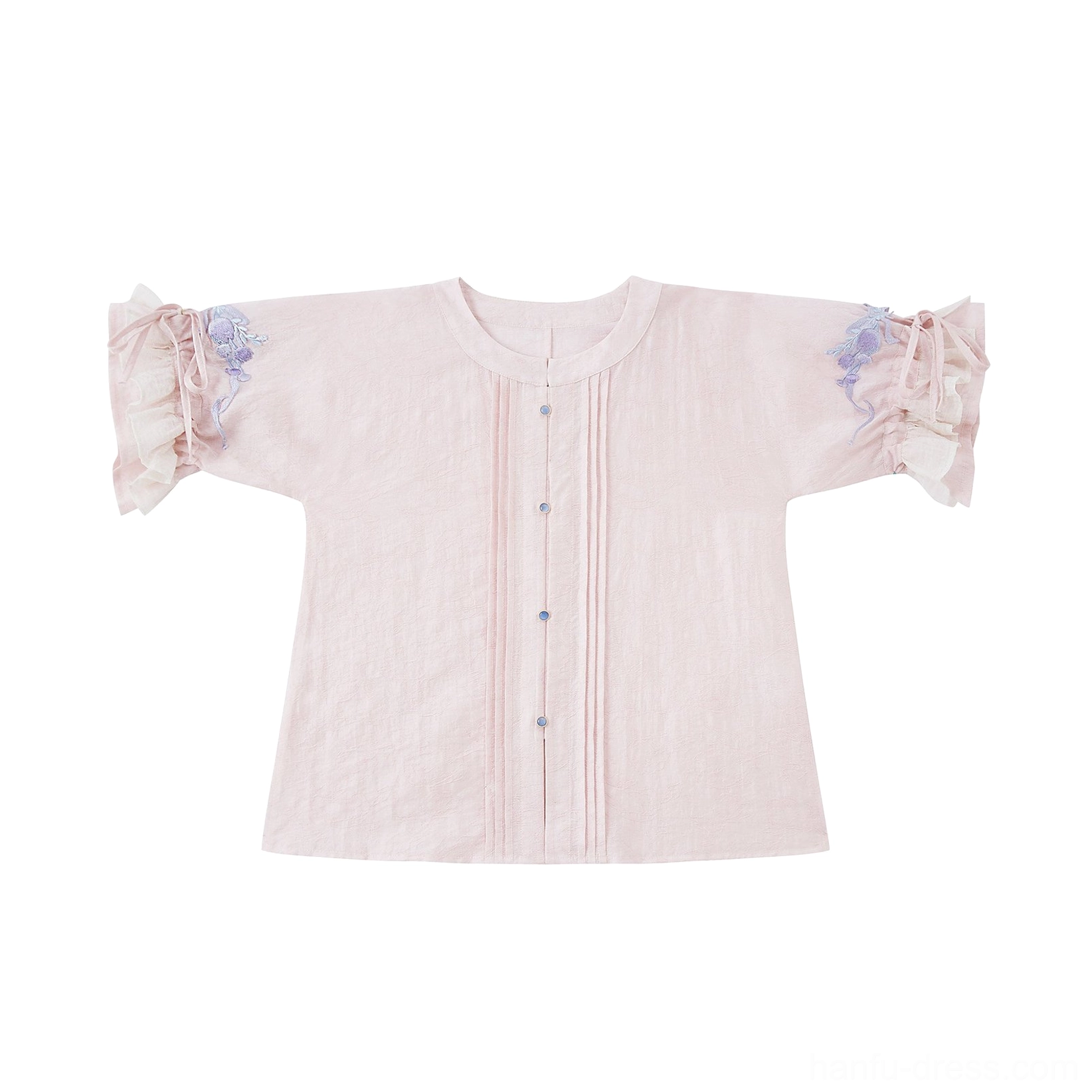 Flat lay view of the pastel pink modern Hanfu inner blouse with pintuck front ruffled cuffs floral embroidery and decorative bow details