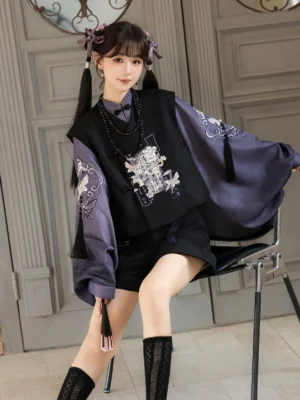 Modern Hanfu pipa sleeve top vest and shorts set in black and purple with embroidered lantern sleeves, white floral vest embroidery, tassel cuffs, and Chinese-inspired styling