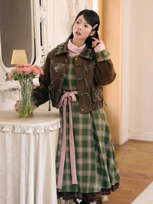 Modern Hanfu plaid jacket and dress set in brown green and pink vintage styling with cropped jacket and floral hair accessory