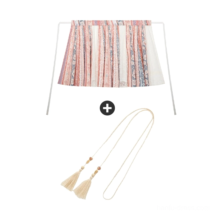 Flat lay of the modern Hanfu pleated wrap skirt in mixed floral and stripe prints with tassel waist accessory