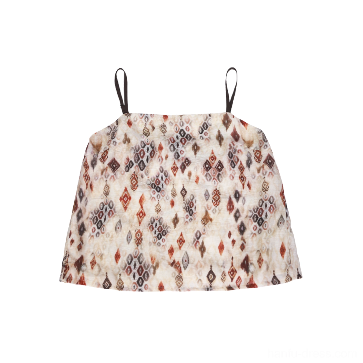 Flat lay view of the beige printed Hanfu camisole with square neckline, thin dark brown straps, geometric pattern, and relaxed A-line silhouette