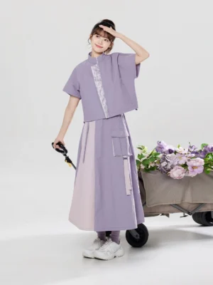 Modern Hanfu purple stand collar short sleeve top and color block midi skirt set shown in a full front view with embroidered placket trim and cargo pocket