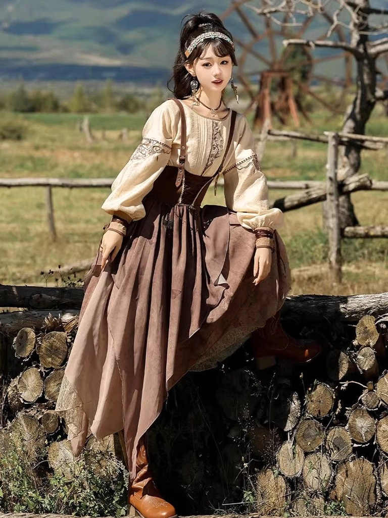 Low-angle side view of a modern Chinese Hanfu dress set featuring an embroidered collar, puff sleeves, high-waisted suspender midi skirt, tasseled shawl, pearl headband, and brown leather boots