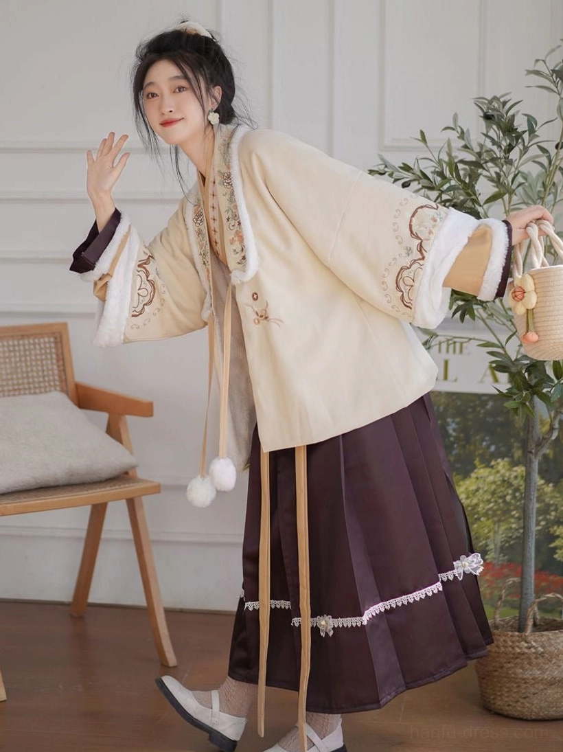 Side view of a Modern Hanfu three-piece ensemble with light brown cross-collar top, embroidered beige cardigan, burgundy mamian skirt, white Mary Jane shoes, and straw handbag
