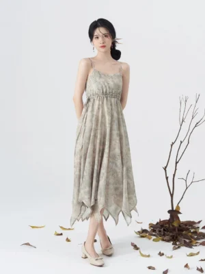 Modern hanfu tie-dye inspired spaghetti strap midi dress with gathered waist and asymmetric handkerchief hem front view