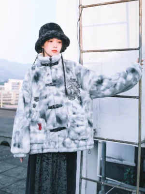 Chinese style modern Hanfu faux fur jacket shown from a three-quarter side front view with plush grey white texture, traditional stand collar, multiple buckle fastenings, embroidered tiger motifs, and dual patch pockets