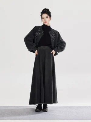 Modern Hanfu washed black denim frog button jacket and long skirt full set front view with embroidered floral details