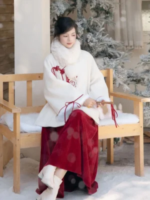 Front three-quarter view of a modern Hanfu winter coat and burgundy velvet skirt set with ivory fur-trimmed coat, red floral embroidery, decorative Chinese knot fasteners, and flowing long skirt