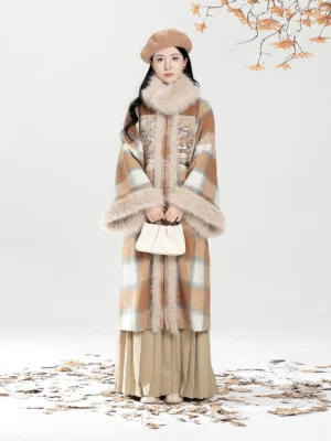 Modern Hanfu winter plaid coat with plush trim and long pleated skirt styled with a white handbag