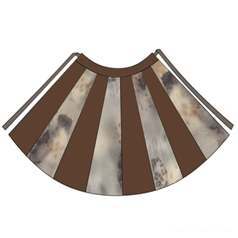 Top-down flat lay view of a modern Hanfu wrap skirt with high waist tie straps, brown patchwork panels, and ink-wash printed fabric