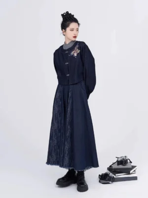 Full front view of modern indigo denim Tang Dynasty Hanfu jacket and eight-panel skirt set with traditional-inspired styling