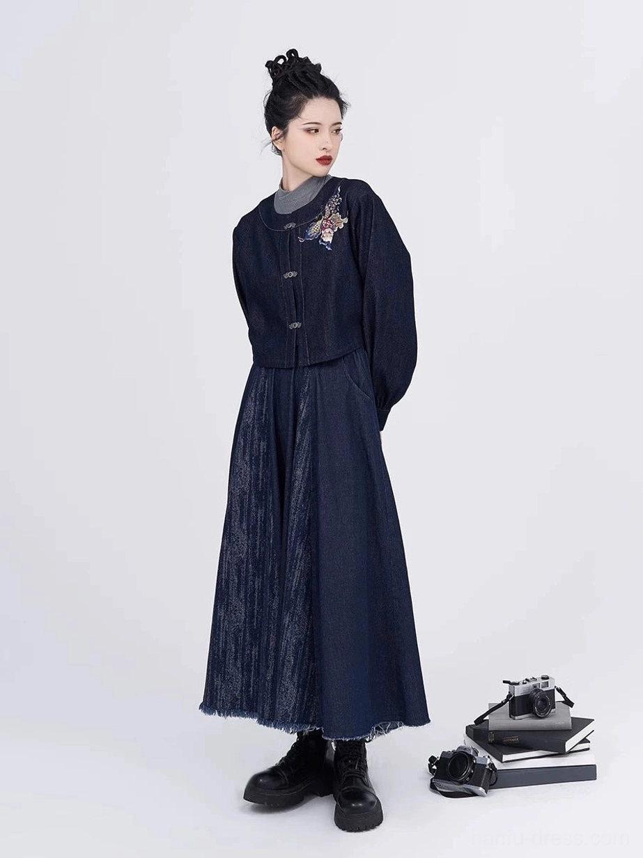Full front view of modern indigo denim Tang Dynasty Hanfu jacket and eight-panel skirt set with traditional-inspired styling