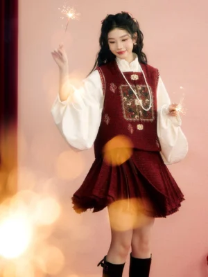 Burgundy Chinese New Year dress inspired by Ming Dynasty Hanfu with embroidered vest and short mamian skirt front full-body view