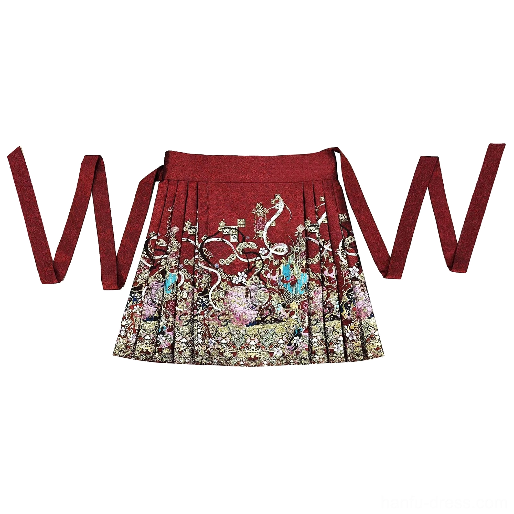 Modern Ming Dynasty Chinese New Year Hanfu dress with festive red outer layer, black inner top, and embroidered Mamian-inspired skirt