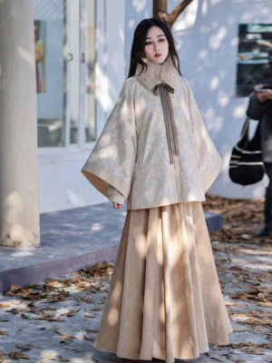 Full front view of modern Ming Dynasty Hanfu outfit with beige round collar jacket wide sleeves and tan high waisted skirt