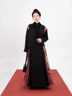 Modern Ming Dynasty Hanfu outfit with black stand collar jacket and red gold mamianqun horse-face skirt front view