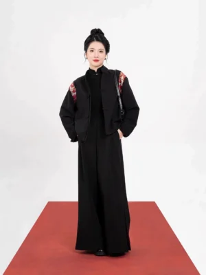 Modern Ming Dynasty Hanfu black stand collar jacket with wide-leg palazzo pants and red gold shoulder details