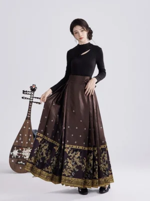 Modern Ming Dynasty Hanfu outfit with black cutout mock neck top and dark brown embroidered Mamianqun horse-face skirt shown in a full-body front view beside a traditional Chinese pipa