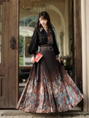 Modern Ming Dynasty Hanfu two piece set with black lantern sleeve top, dark printed mamianqun horse face skirt, mythical Chinese creature motifs, and decorative waist chain