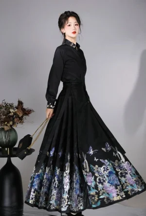 Left three-quarter view of a woman wearing a black modern Ming Dynasty Hanfu set with embroidered stand-collar top and floral butterfly mamianqun horse face skirt