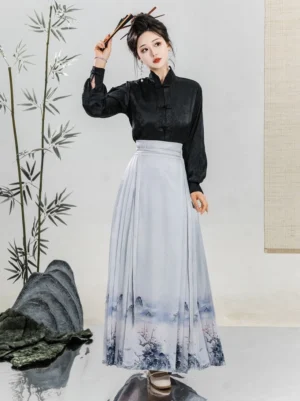 Modern Ming Dynasty Hanfu complete set with black stand collar blouse and blue ink landscape print mamianqun horse face skirt, styled with a traditional hairpin