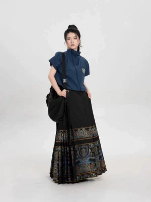 Modern Ming Dynasty Hanfu coat and black mamianqun full set with navy stand collar top and blue gold brocade skirt hem