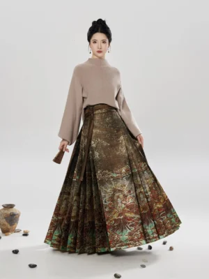 Modern Ming Dynasty hanfu set with khaki ribbed sweater and dark brown printed mamianqun horse-face skirt styled in a vintage studio