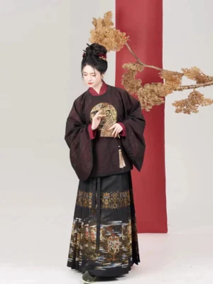 Modern Ming Dynasty Hanfu mamianqun outfit front view featuring black embroidered horse-face skirt and folding fan