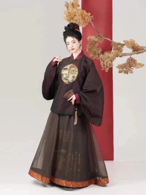 Modern Ming Dynasty Hanfu mamianqun layered set shown in side view with dark red top and brown pleated skirt