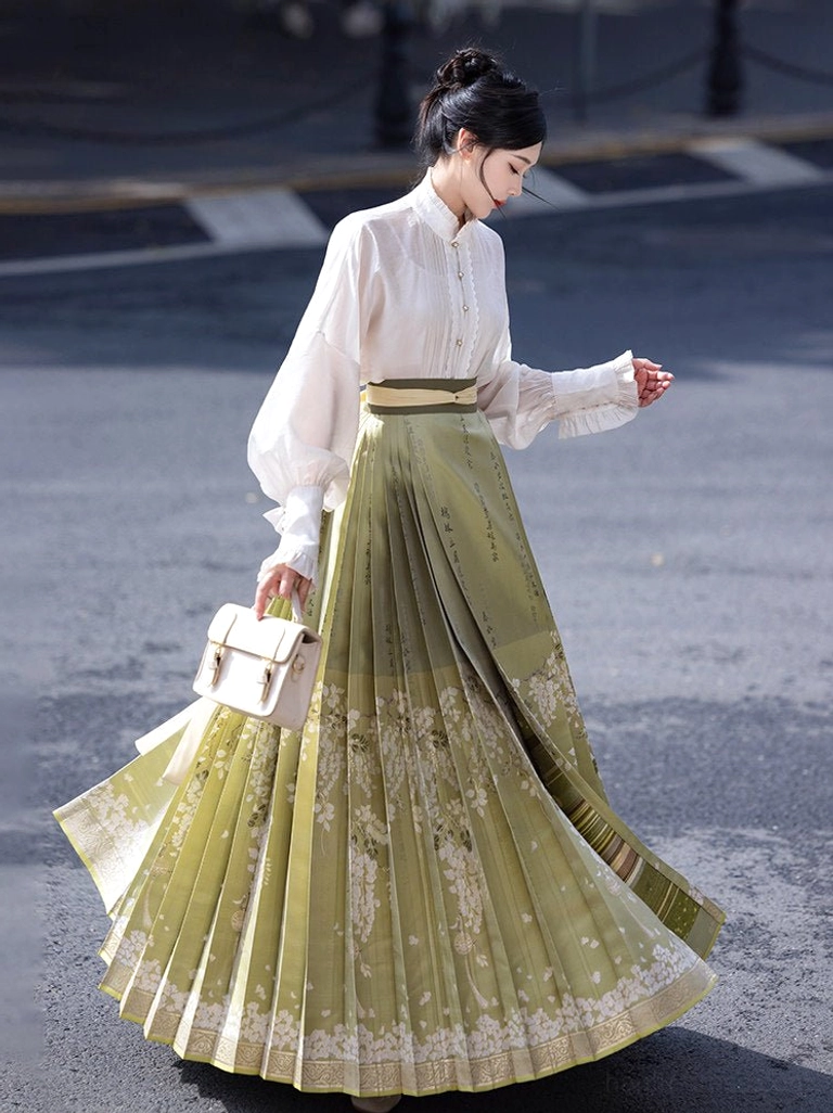 Modern Ming Dynasty Hanfu set viewed from the side and back, showing the full volume and natural movement of the pleated sage green mamianqun skirt