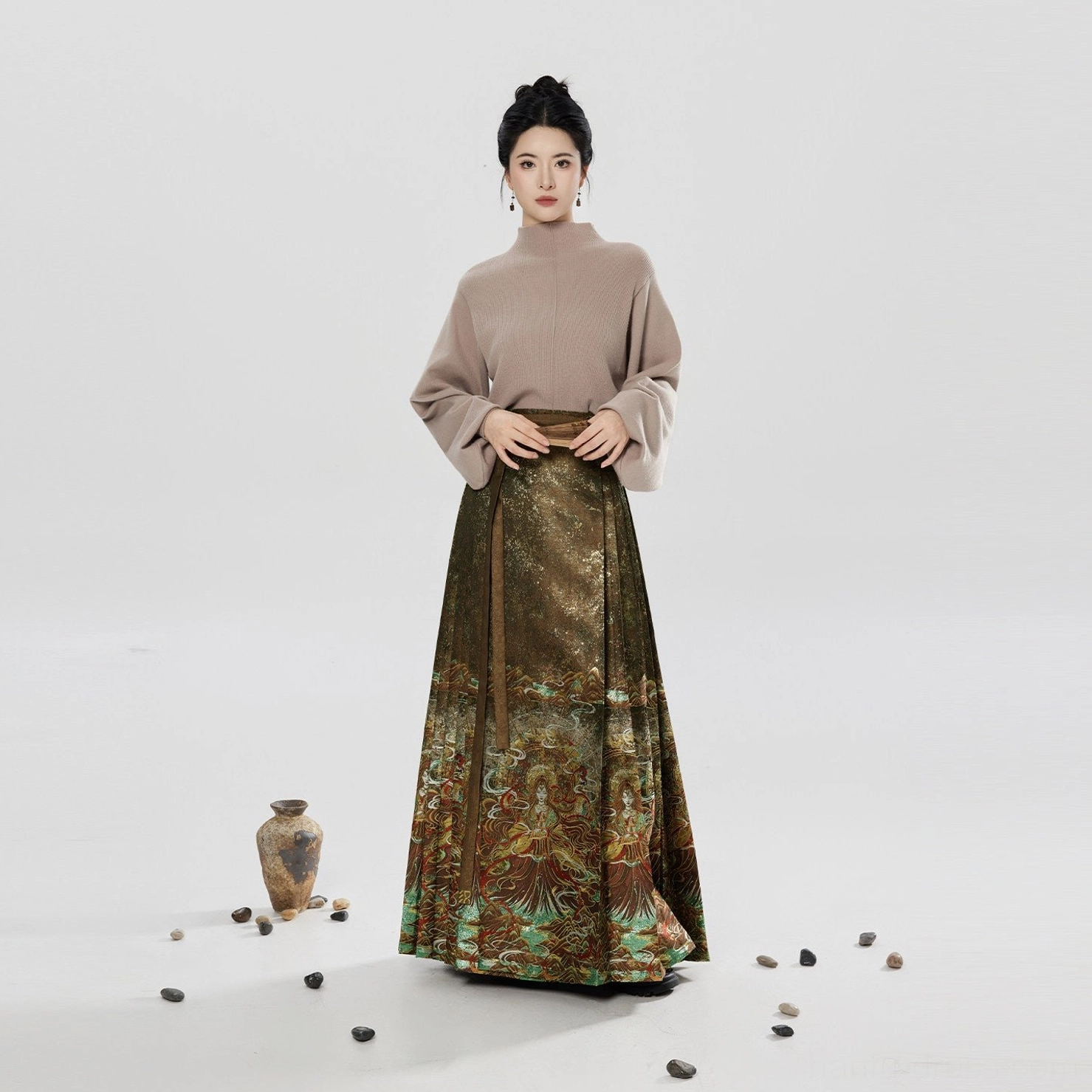 Front view of coordinated modern Ming Dynasty hanfu set with khaki sweater and vintage printed horse-face skirt