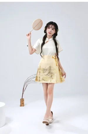 Modern Ming Dynasty Hanfu two-piece set with yellow Scenic Tower landscape jacquard mamianqun horse face skirt and beige stand-collar top