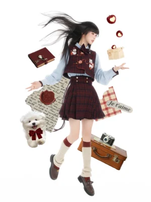 Dynamic front view of a modern Ming Dynasty inspired Hanfu set with cropped wine red tartan bijia vest, light blue long sleeve shirt, and pleated mini mamianqun horse face skirt