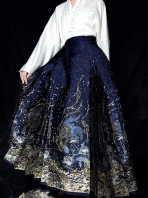 Three-quarter view of a modern Ming Dynasty Hanfu mamianqun horse face skirt with constellation sparkle, koi, mythical beasts, and flowing pleats