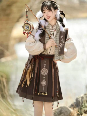 Front view of a modern Ming-inspired Hanfu outfit with embroidered brown vest, mamianqun horse-face skirt, hanging pendants, feather hair accessories, and traditional crossbody bag