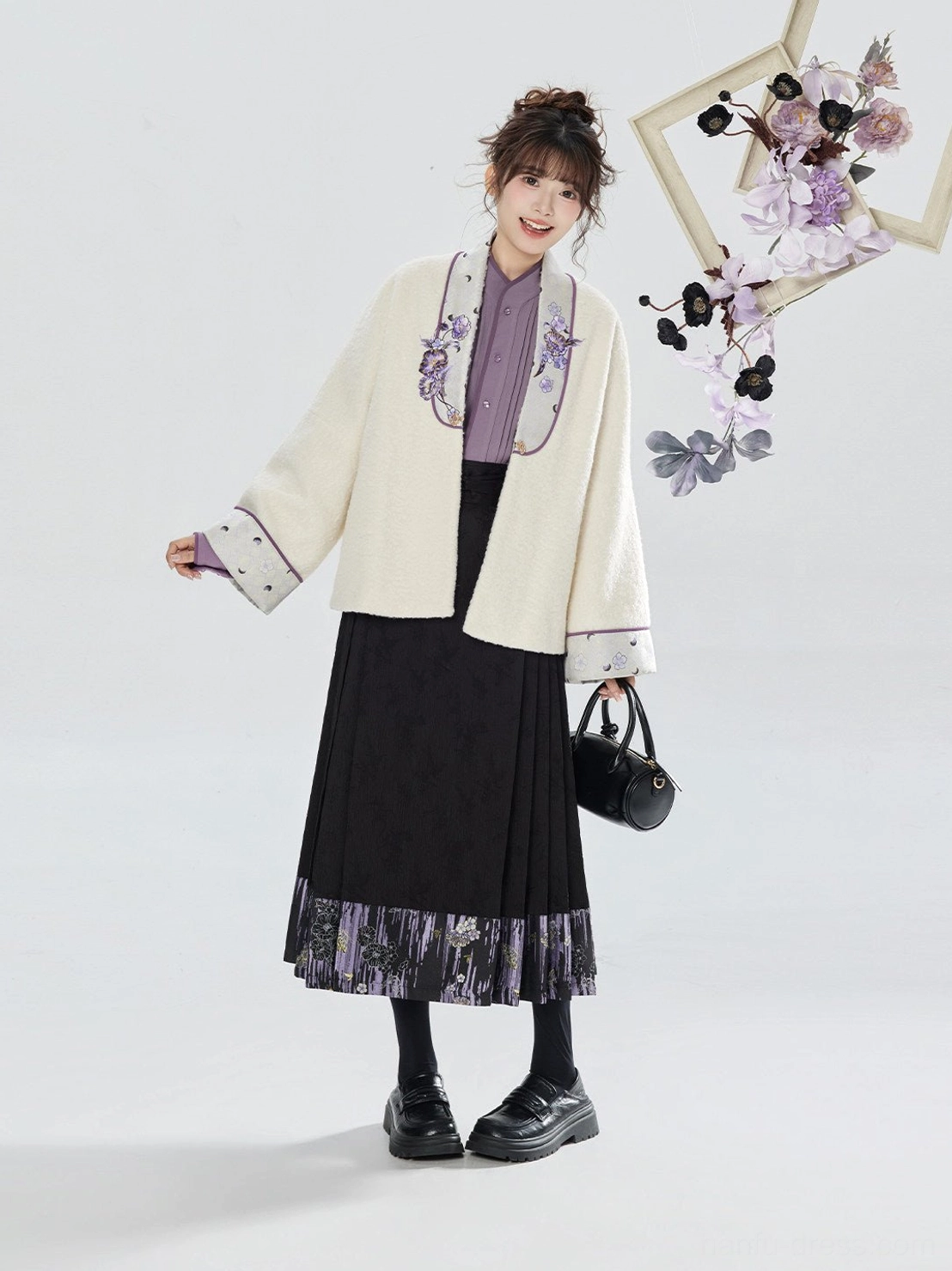 Full-body front view of a modern Ming-inspired hanfu three-piece set with cream floral embroidered jacket, lavender shirt, and black mamianqun horse-face skirt