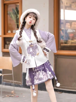 Full-body view of a modern Ming-inspired Hanfu three-piece outfit with lavender pipa sleeve top, white rabbit vest, and short purple mamianqun horse face skirt