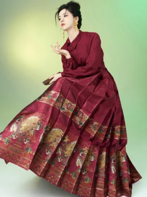 Rose wine red modern Ming Dynasty Hanfu set with lunar dragon Mamianqun horse face skirt in flowing three-quarter view