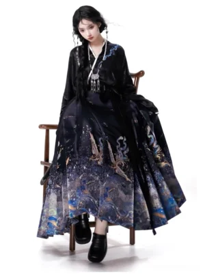 Angled view of modern Chinese hanfu mamianqun horse face skirt with flowing celestial landscape print, phoenix details, and silver pendant necklace