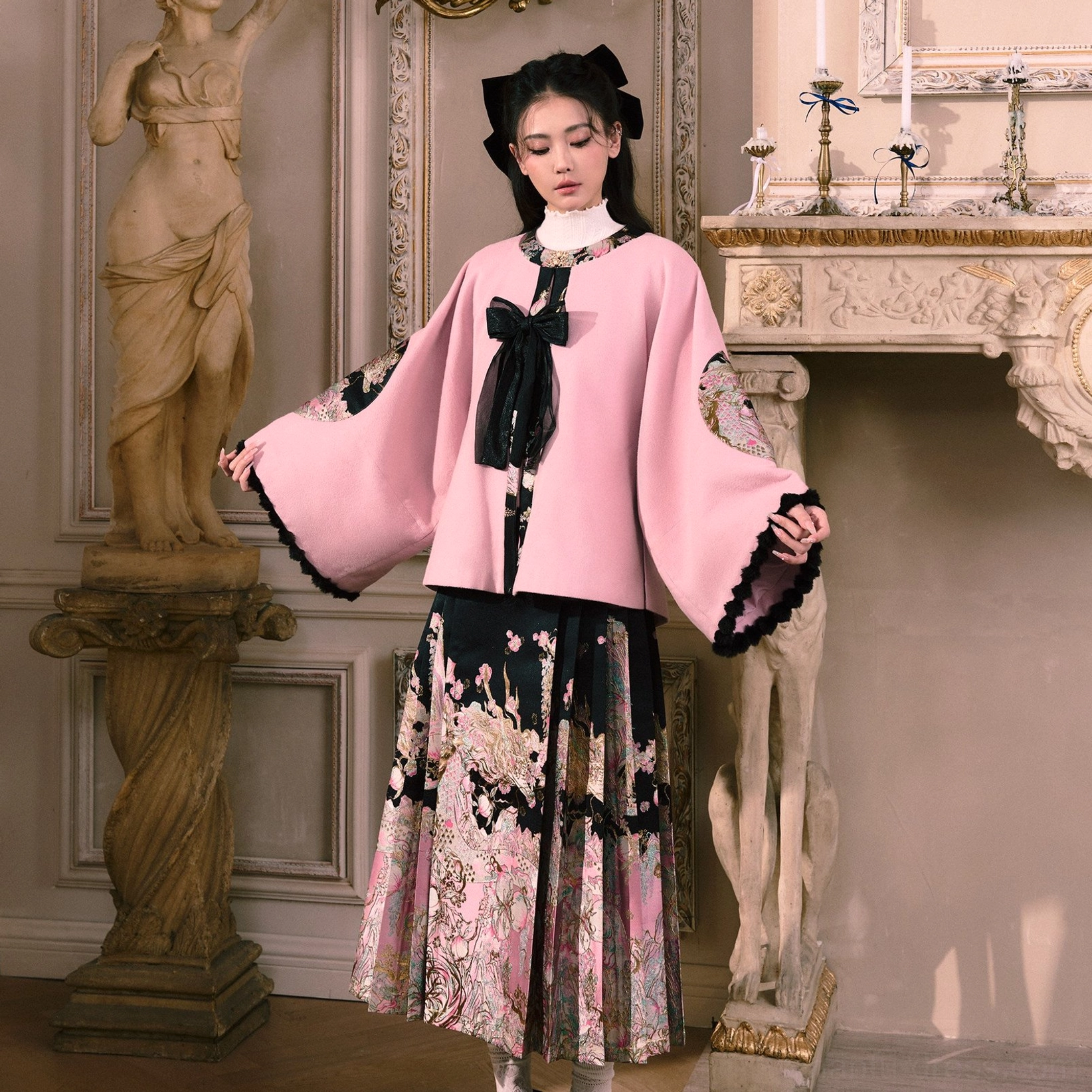 Full side view of modern Ming-style Hanfu jacket and black floral dragon mamianqun with flowing wide sleeves