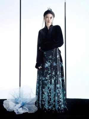 Ming style horse face skirt Hanfu outfit shown from the front with a high-waisted black pleated mamianqun featuring an elegant blue traditional-inspired print