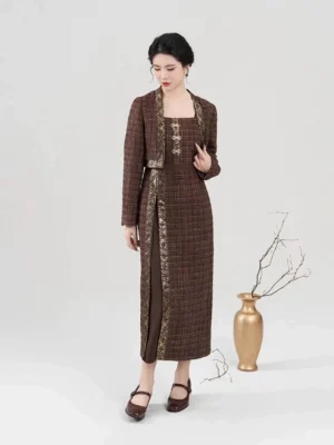 Modern Song Dynasty Hanfu full set in autumn mocha brown plaid with cropped coat, midi dress, gold trim, and Mary Jane shoes