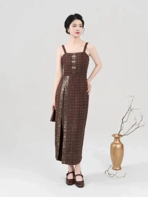 Modern Song Dynasty Hanfu midi slip dress in autumn mocha brown plaid with square neckline, side slit, and gold trim